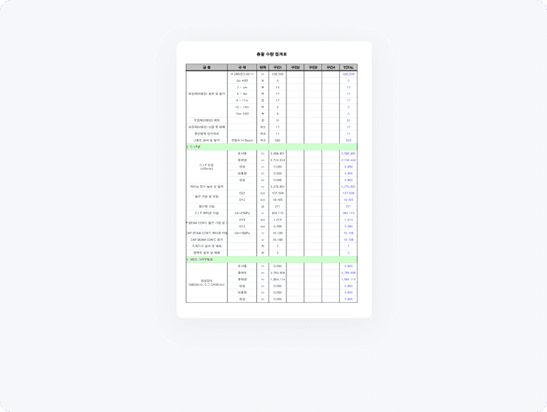 수량산출서 - 수량집계표